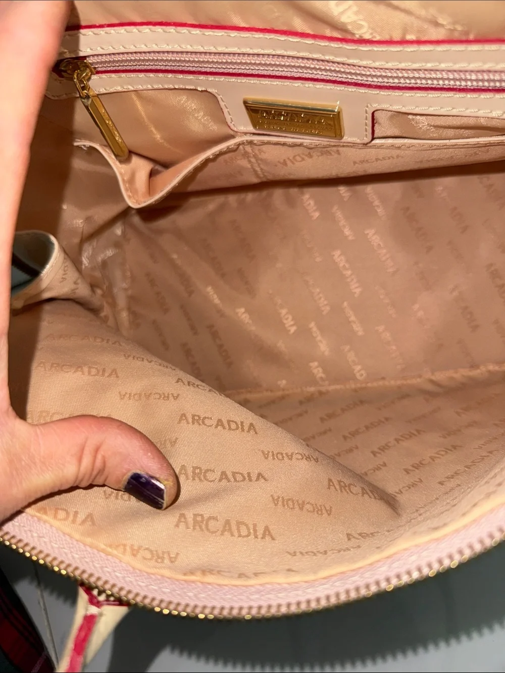 Arcadia Cream Patent Satchel with Red Trim